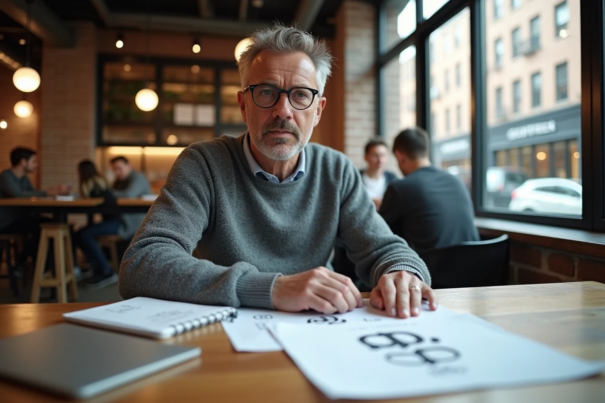 Homme comparant des designs dans un cafe coworking