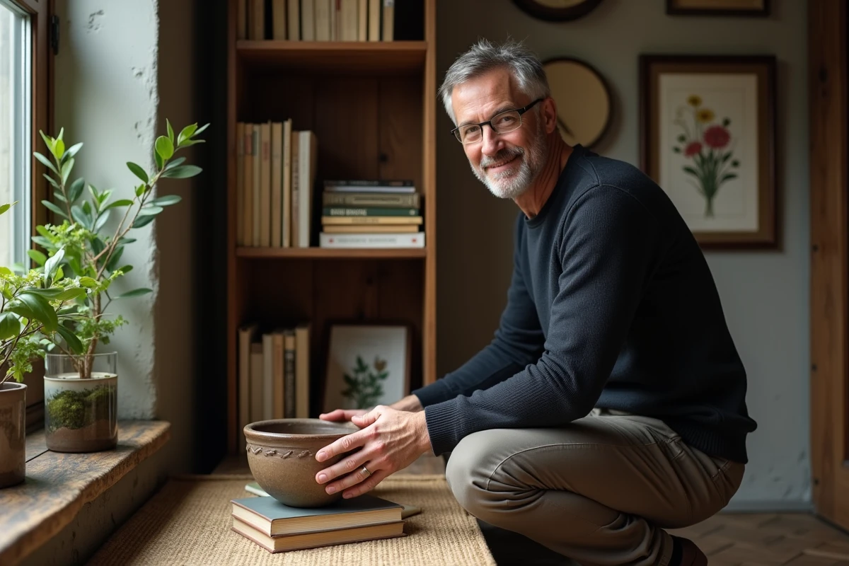 Homme arrangeant des objets décoratifs artisanaux sur une étagère ouverte dans un bureau à domicile, incluant un bol en céramique, des livres vintage et un terrarium