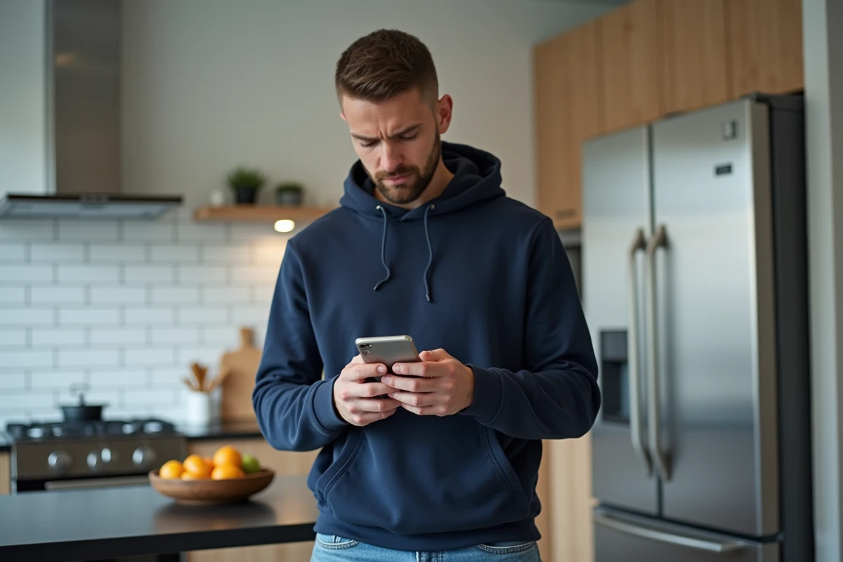 Homme lisant un email d'annulation de commande Zalando sur son smartphone dans une cuisine moderne
