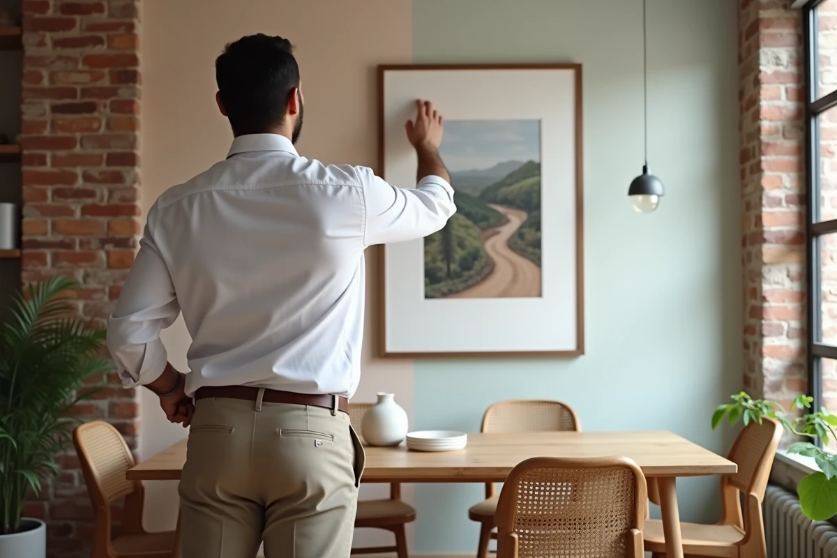 Homme suspendant une œuvre d