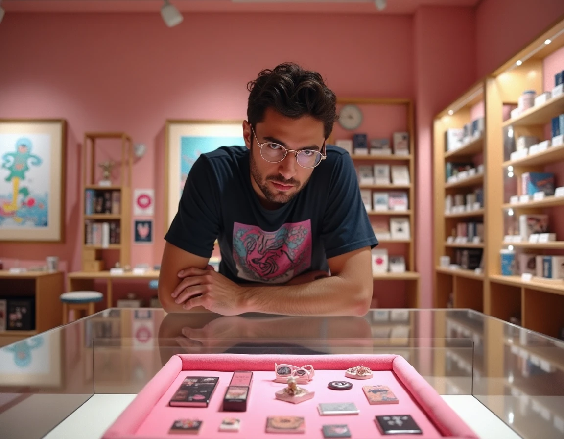 Homme passionné de geek culture inspectant des articles rares PinkGeek en fuite dans une boutique de merchandising spécialisée