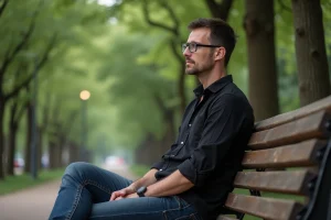 Homme en réflexion dans un parc urbain calme