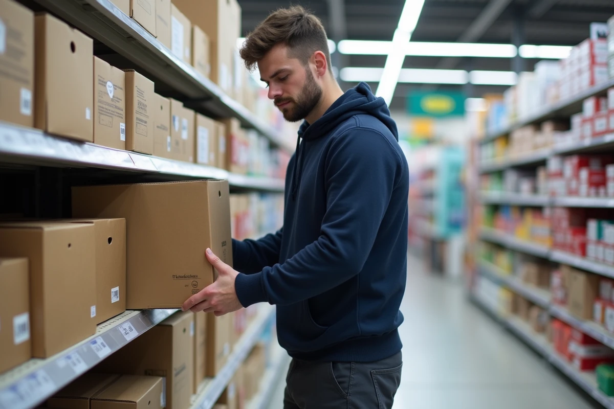 Homme choisissant des cartons de déménagement dans le rayon d'un magasin Gifi avec des étagères de produits en arrière-plan