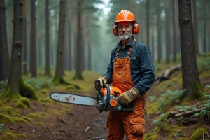 Homme équipé d'une tronçonneuse professionnelle en forêt avec équipements de sécurité complets
