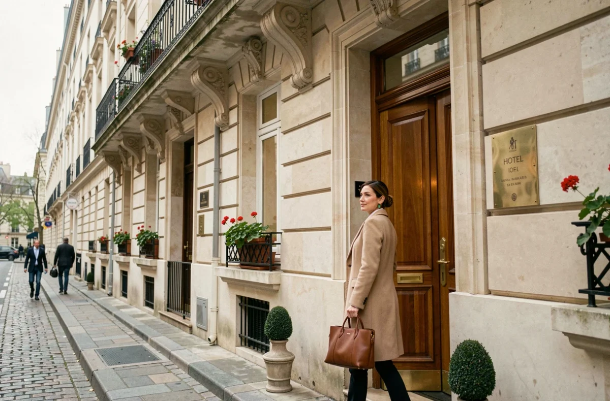 Façade d'un hôtel boutique parisien dans le Marais avec une femme élégante sortant de l'entrée, architecture haussmannienne et balcons fleuris