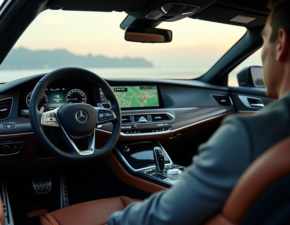 Tableau de bord intérieur d'un coupé premium avec écran tactile de navigation, garnitures en aluminium brossé et volant en cuir aux commandes intégrées