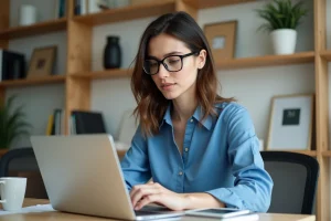Jeune femme au bureau avec ordinateur et plantes