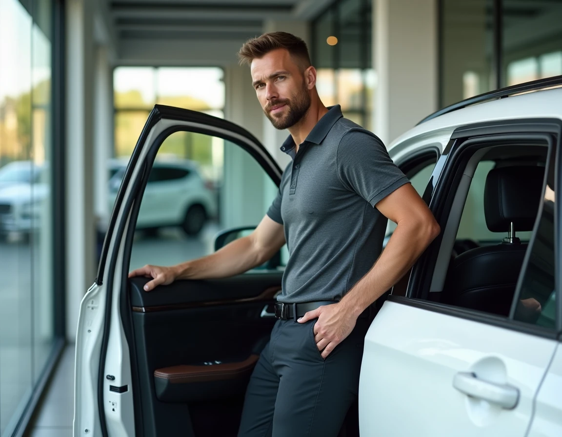 Journaliste automobile masculin appuyé contre la portière ouverte d'un SUV blanc dans un showroom moderne, examinant l'habitacle avec attention