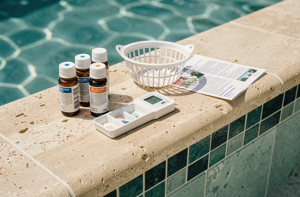 Kit de test de l'eau et matériel d'entretien de piscine posés sur le margelle en pierre calcaire d'une piscine extérieure