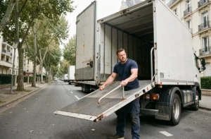 Homme utilisant le hayon hydraulique d'un camion de déménagement 20m3 dans une rue résidentielle française