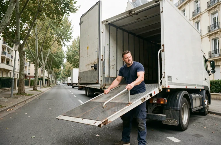 Homme utilisant le hayon hydraulique d'un camion de déménagement 20m3 dans une rue résidentielle française