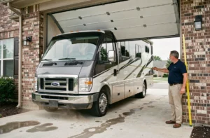 Camping-car de grande taille s'approchant d'une porte de garage avec un homme mesurant la hauteur du cadre à l'aide d'un mètre ruban