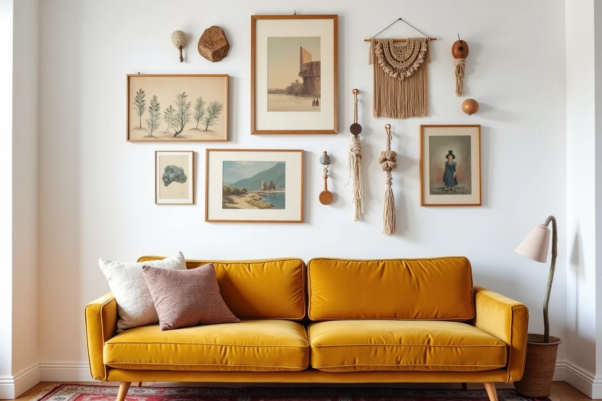 Mur de galerie personnalisé avec des cadres vintage, des œuvres d'art originales et des suspensions en macramé au-dessus d'un canapé en velours moutarde