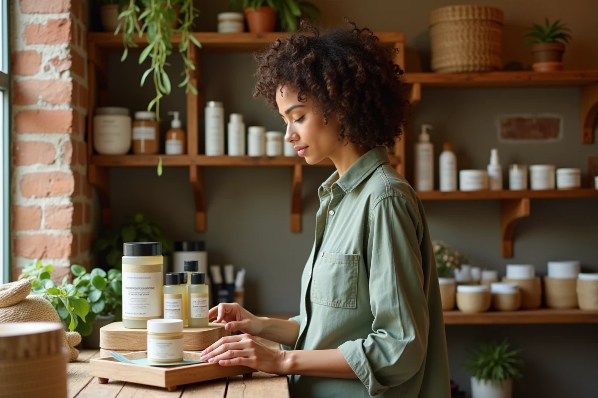 Femme aux cheveux bouclés découvrant des produits de beauté durables et éco-responsables dans une boutique artisanale