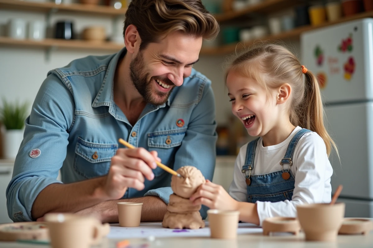 Père et fille créant une sculpture en argile dans la cuisine lumineuse