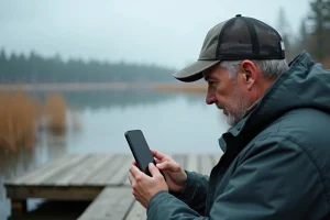 Homme d'âge moyen utilisant une application de pêche sur smartphone au bord du lac