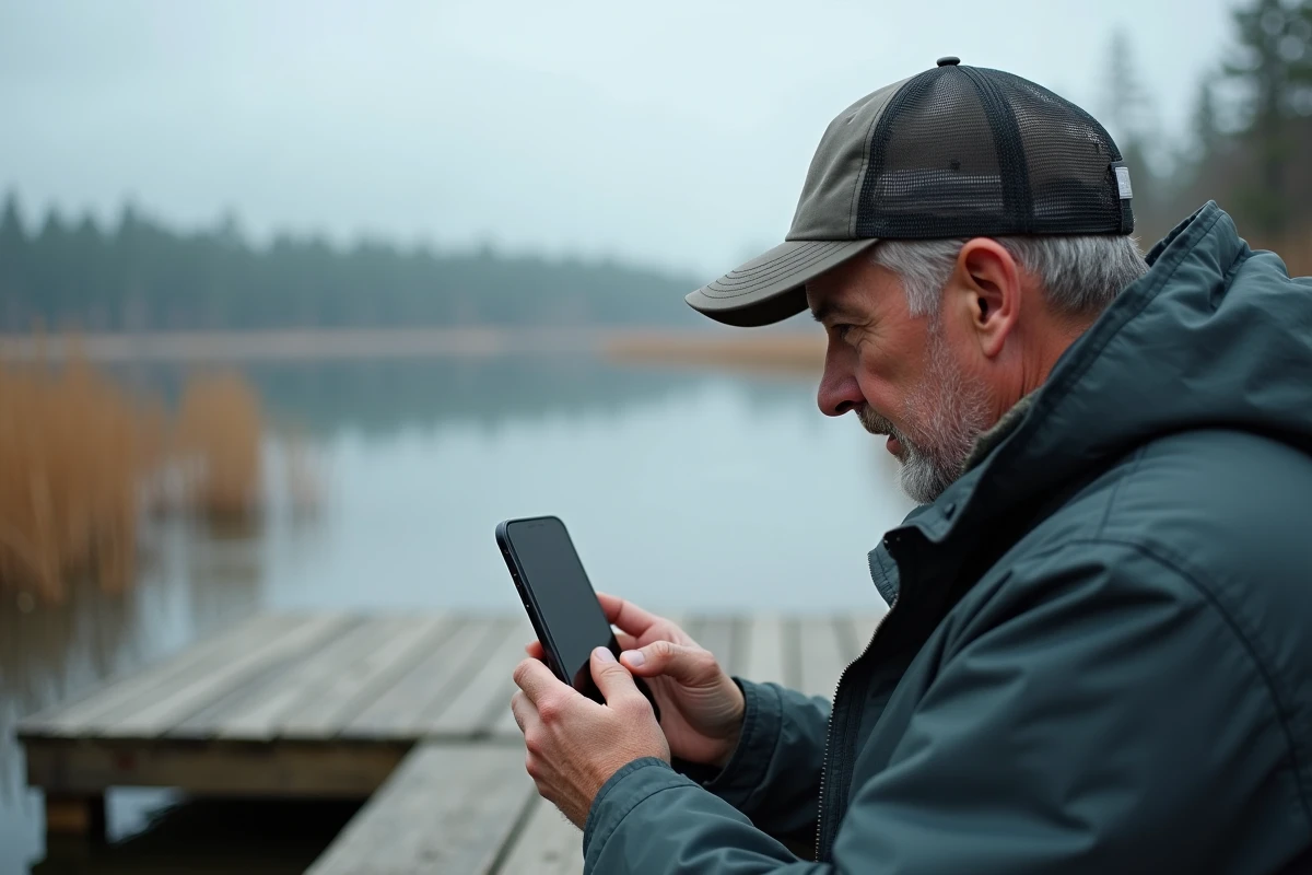 Homme d'âge moyen utilisant une application de pêche sur smartphone au bord du lac