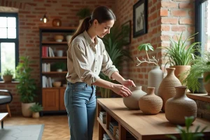 Femme arrangeant des accessoires décoratifs uniques comme des vases en céramique et des paniers tressés sur une console en bois dans un salon moderne