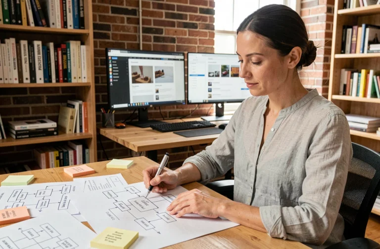 Femme travaillant sur un plan de site pour optimiser la navigation d'un blog, entourée de schémas d'architecture web sur un bureau en bois
