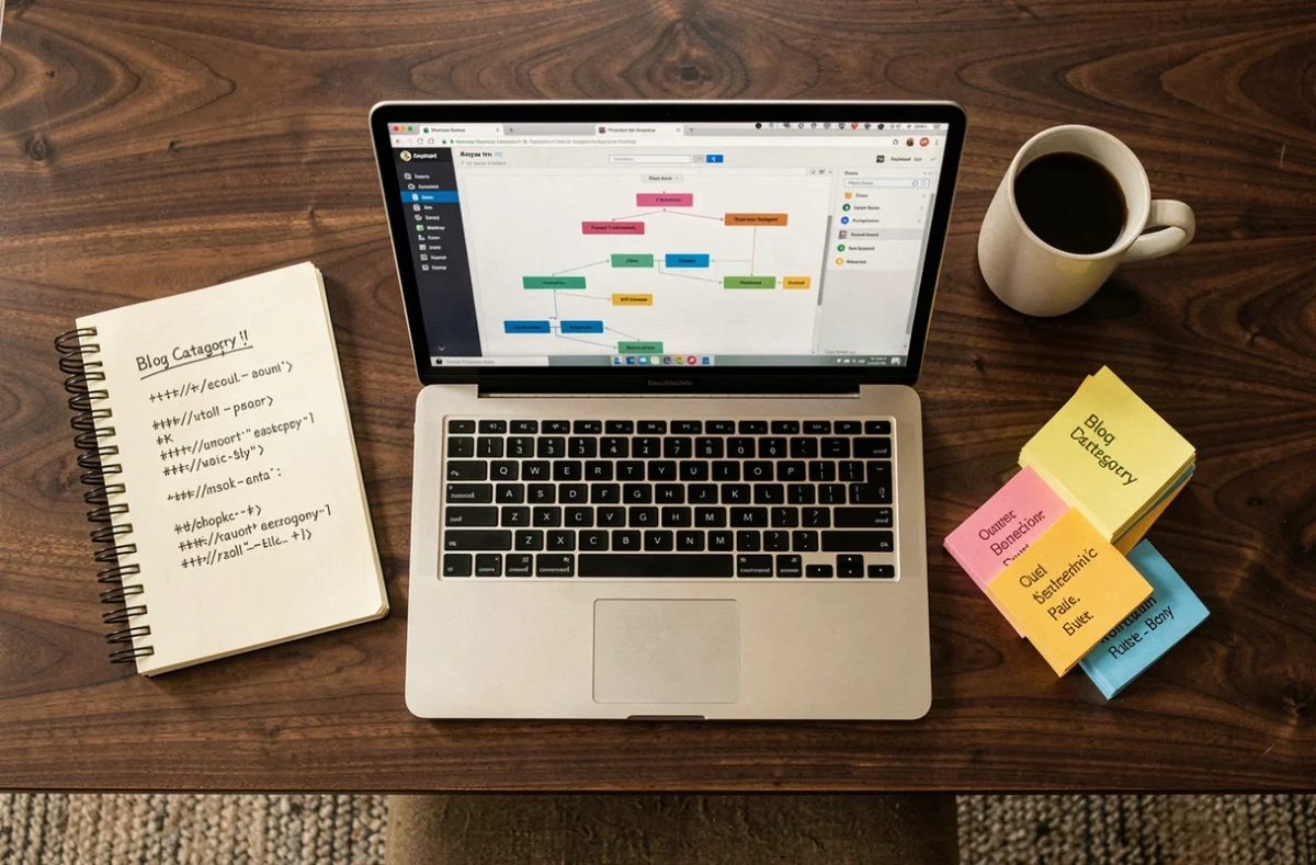 Vue aérienne d'un bureau avec un ordinateur portable affichant un plan de site web, entouré de carnets et fiches de navigation pour optimiser un blog