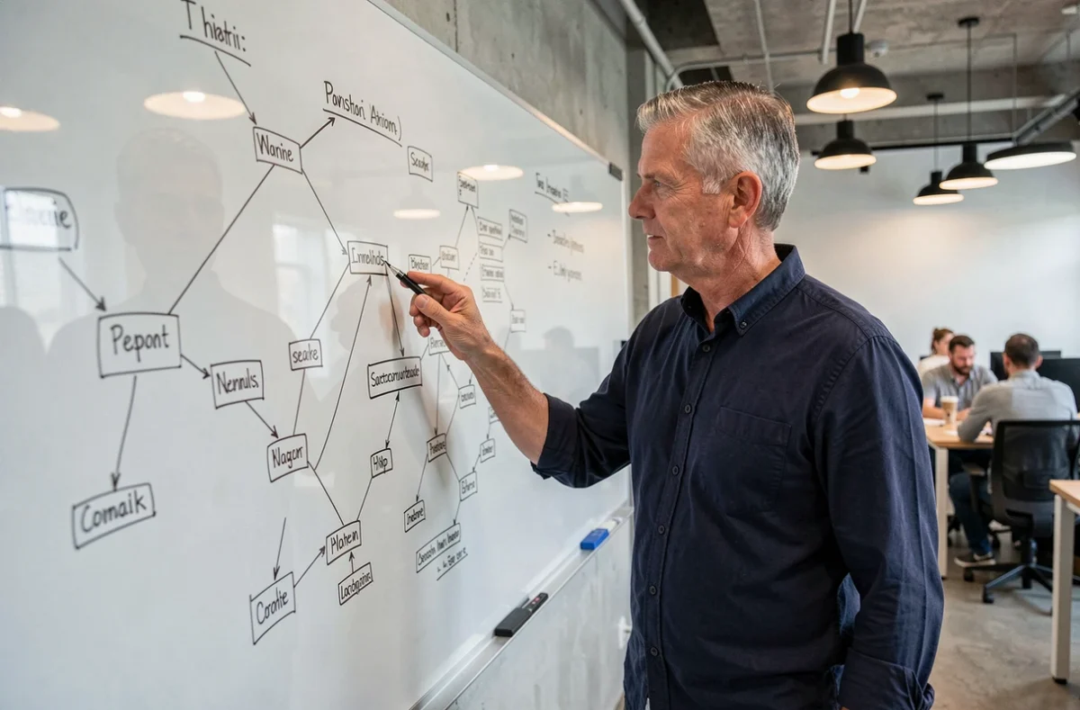 Homme expliquant un plan de site web sur un tableau blanc dans un espace de co-working, illustrant l'architecture de navigation d'un blog