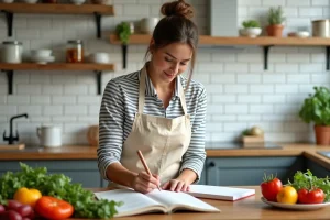 Femme écrivant un plan de menus hebdomadaire sur un bloc-notes en kraft entouré de légumes frais et d'herbes aromatiques dans une cuisine moderne en bois et carrelage blanc