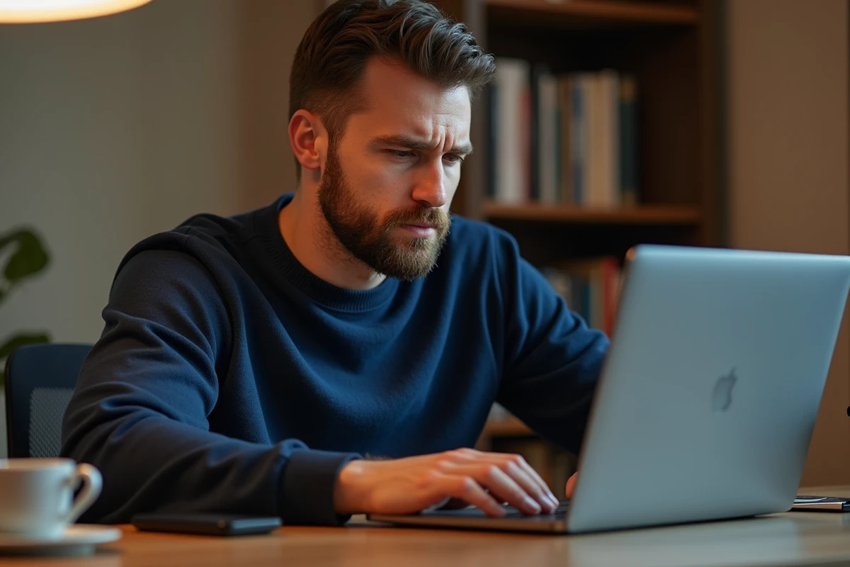 Homme frustré face à un problème de connexion sur son ordinateur portable affichant une erreur de login