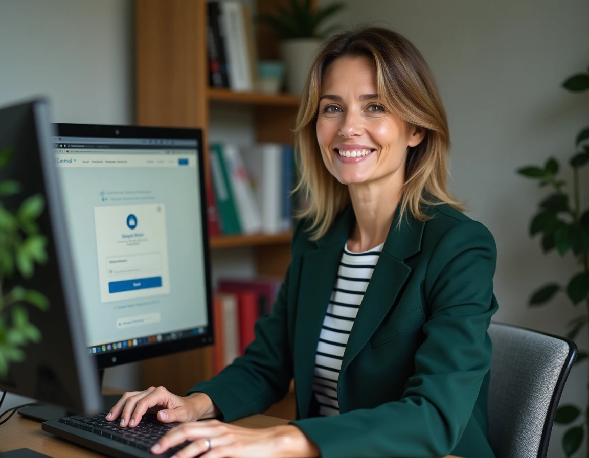 Professeure contractuelle se connectant à la messagerie académique PIA depuis son bureau à domicile