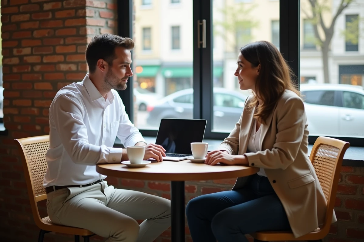 Deux professionnels indépendants collaborant autour d'une réunion de travail dans un café urbain contemporain