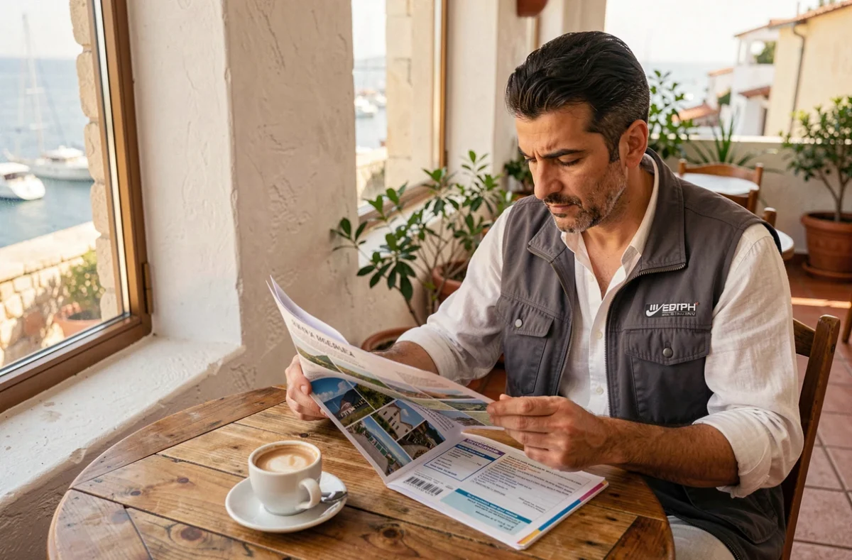 Réfugié consulte son titre de voyage réfugié français et un guide de voyage dans un café méditerranéen pour planifier un séjour sans visa