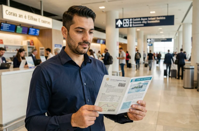 Homme réfugié tenant son titre de voyage français dans un terminal d'aéroport international, prêt à embarquer sans visa