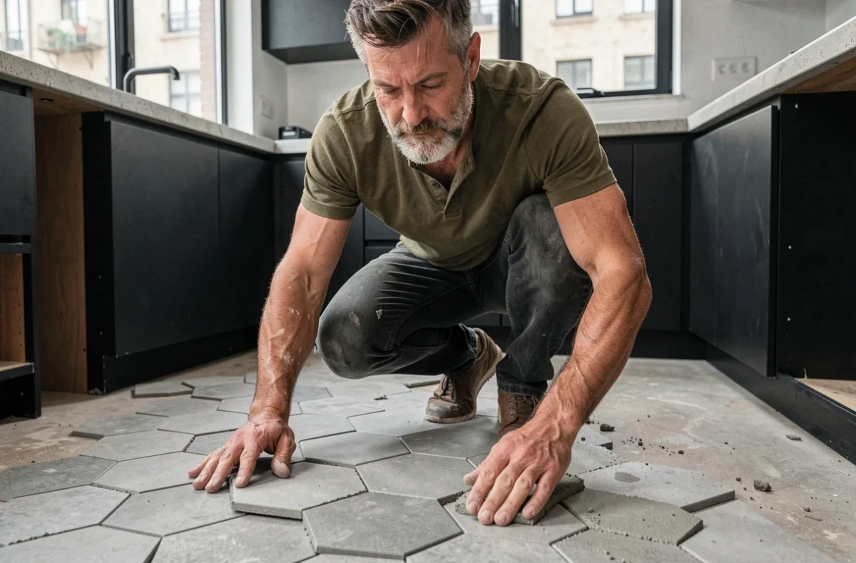 Artisan posant des carreaux en ciment hexagonaux dans une cuisine moderne avec placards noirs et plan de travail en béton