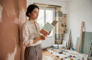 Femme comparant des échantillons de peinture dans un appartement parisien en cours de rénovation avec parquet en chêne et murs en plâtre