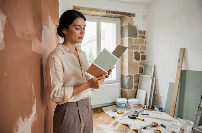Femme comparant des échantillons de peinture dans un appartement parisien en cours de rénovation avec parquet en chêne et murs en plâtre