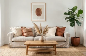 Salon de style scandinave avec canapé en lin, coussins texturés et plante fiddle-leaf pour une décoration intérieure tendance