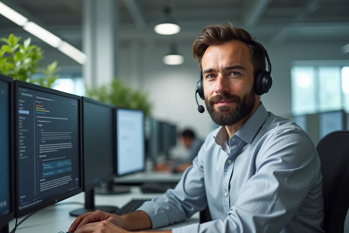 Agent de support technique aidant un utilisateur à résoudre un problème de connexion MyCitya depuis un centre d'assistance