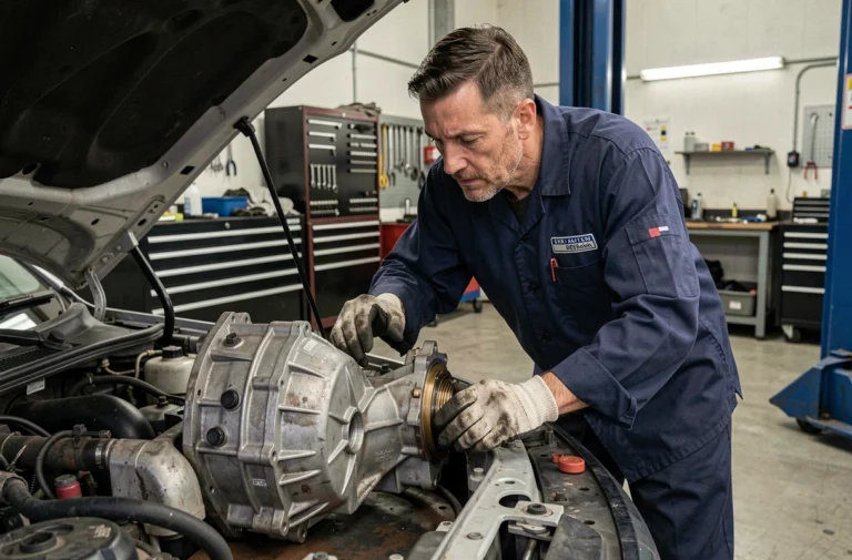 Technicien automobile inspectant une boîte de vitesses automatique EAT8 dans un atelier de réparation professionnel
