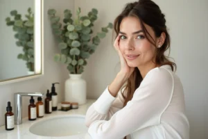 Femme aux soins de beauté devant une coiffeuse en marbre avec sérums et huiles botaniques tendance
