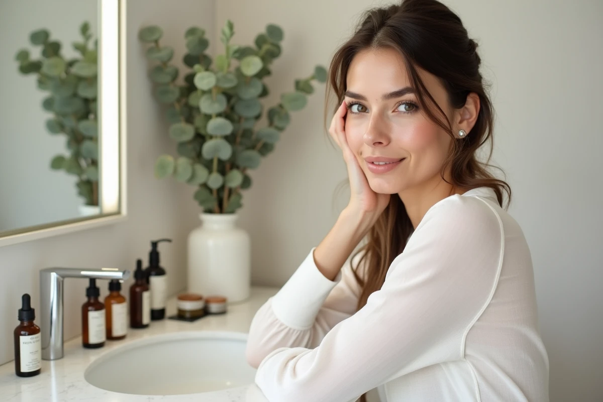 Femme aux soins de beauté devant une coiffeuse en marbre avec sérums et huiles botaniques tendance