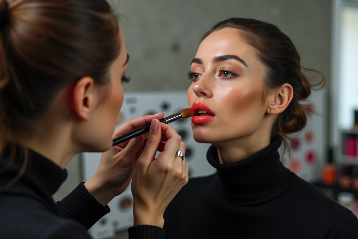 Maquilleuse professionnelle appliquant une tendance lèvres corail sur un mannequin dans un studio éditorial