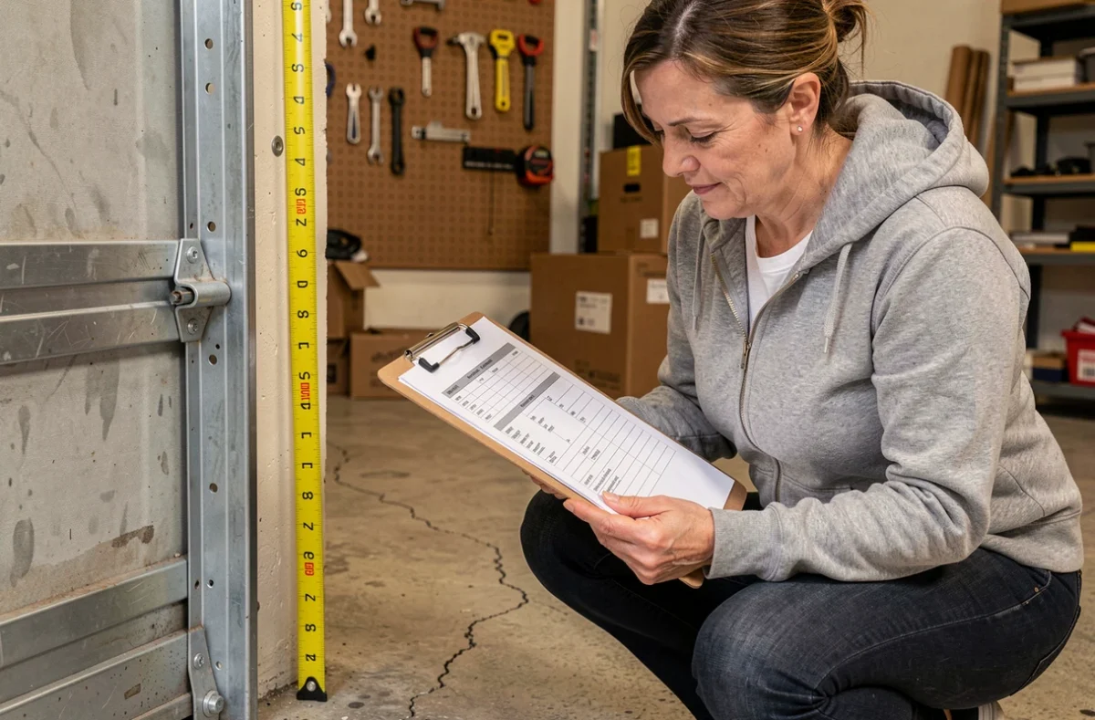 Femme consultant un tableau de mesures de hauteur de porte de garage avec un mètre ruban fixé au montant
