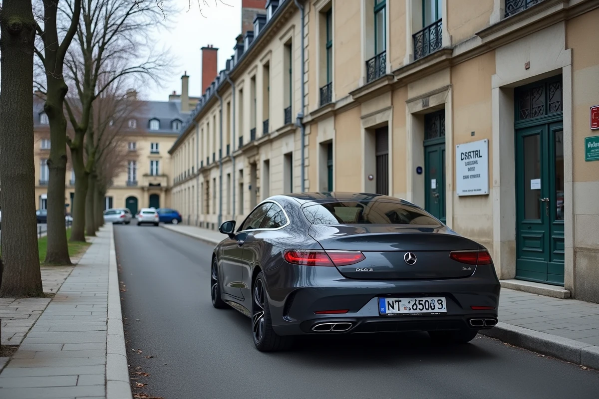 Voiture immatriculée en Allemagne garée devant un bureau d'homologation officiel en France pour les démarches de passage aux mines
