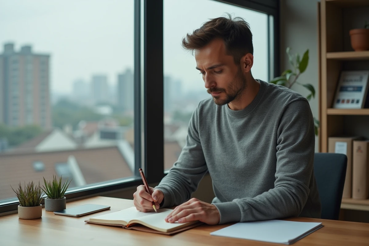 Homme concentré prenant des notes dans un espace de travail moderne, illustrant les étapes professionnelles du parcours de Yann Dernaucourt