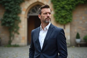 Portrait inspirant d'un homme ambitieux devant un bâtiment historique, évoquant le parcours et la détermination de Yann Dernaucourt