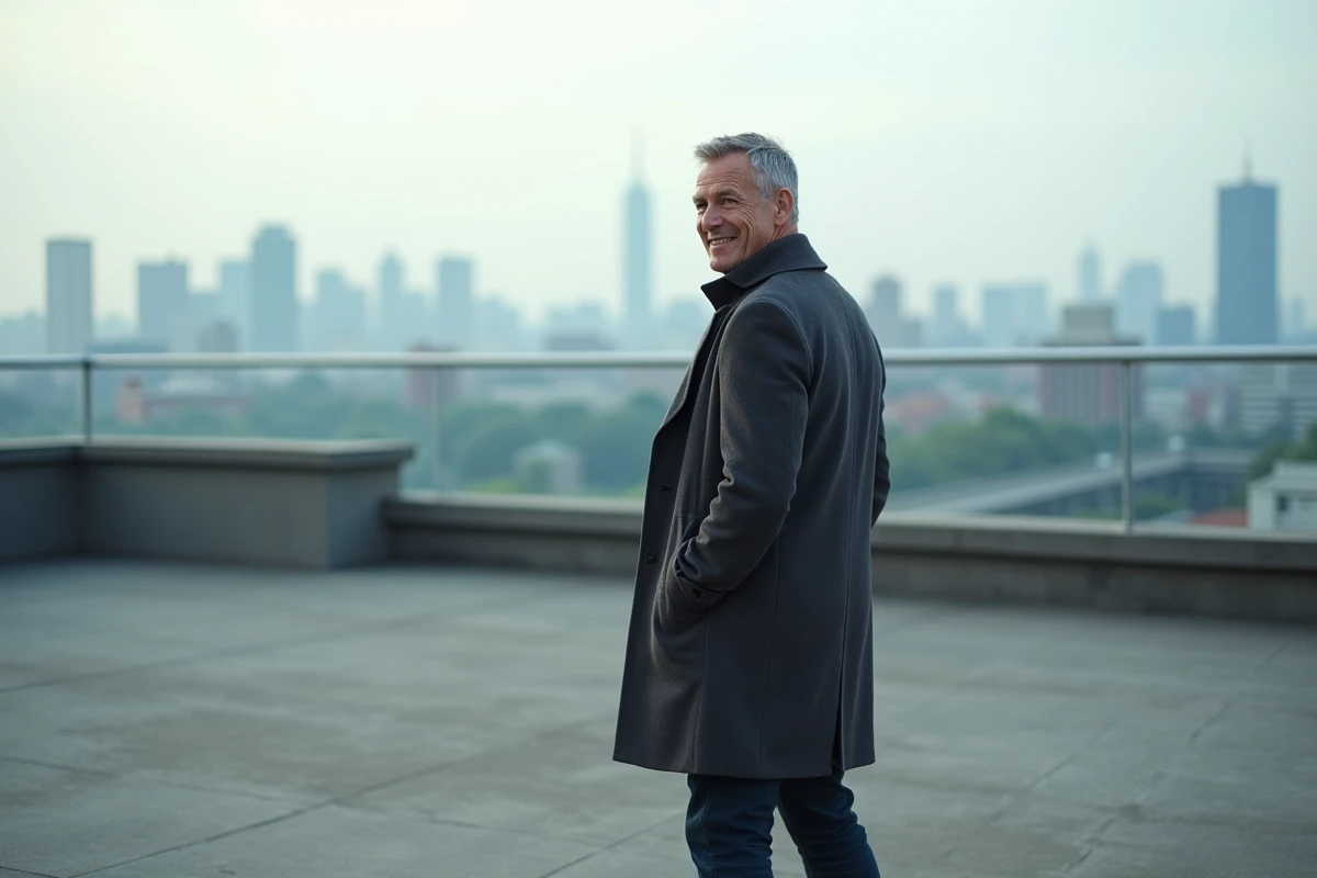 Homme réfléchi sur une terrasse urbaine avec panorama de ville, symbolisant la réussite et la trajectoire inspirante de Yann Dernaucourt